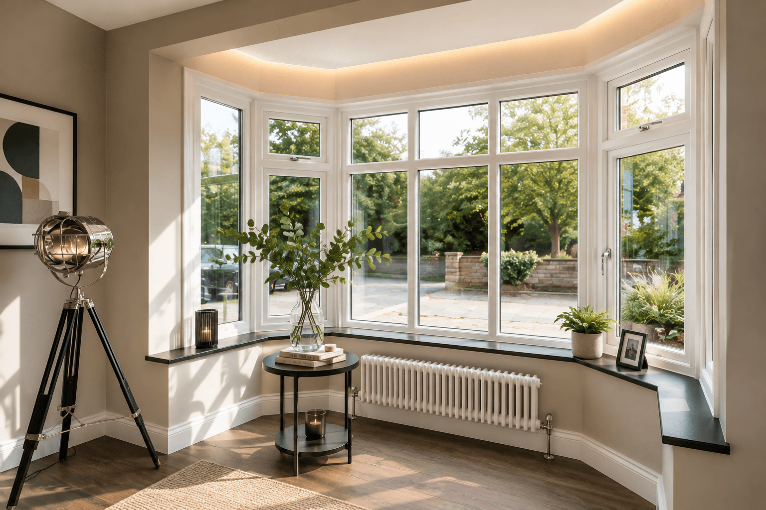 Sunlit room with wide white windows overlooking a garden